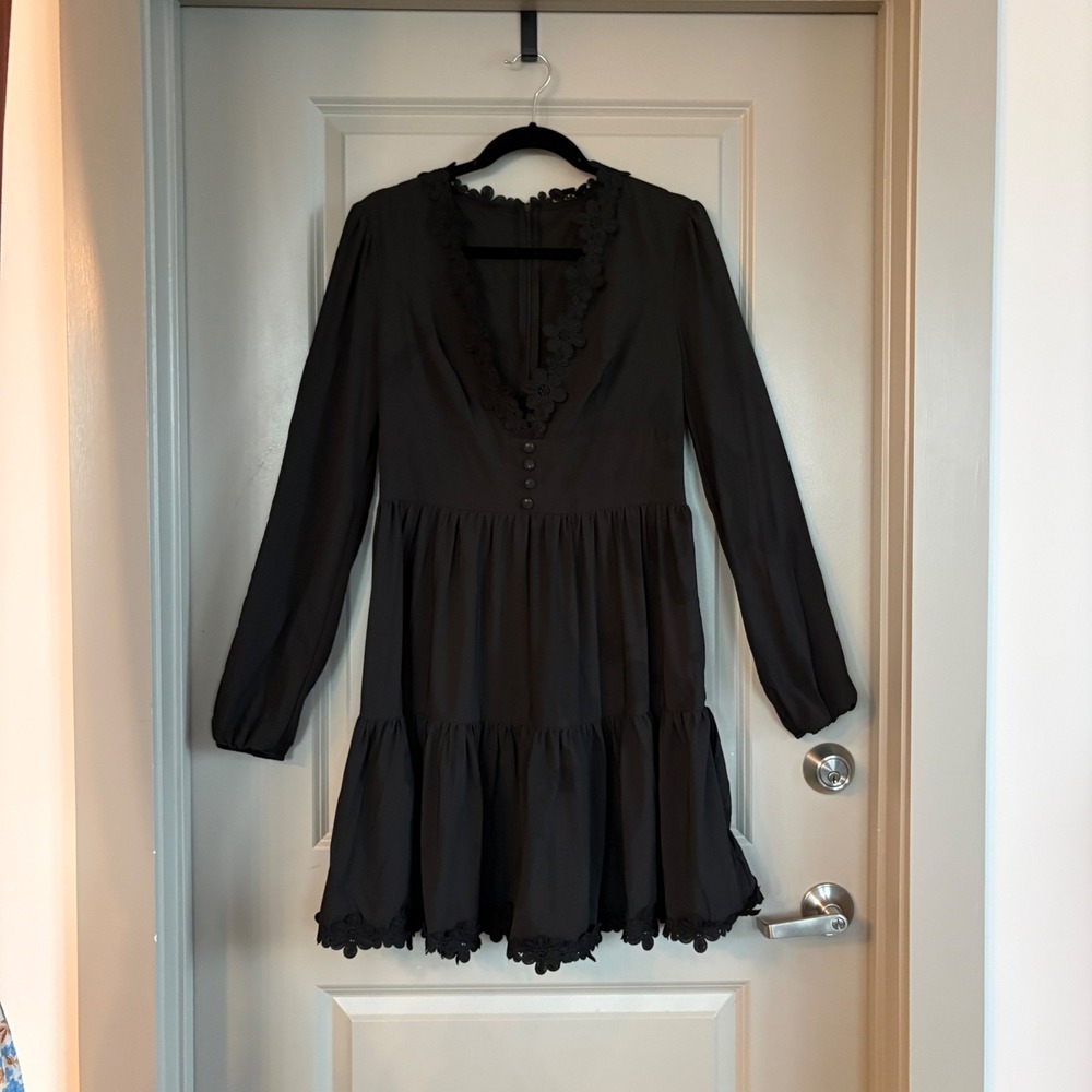 Black Whimsigoth Floral Tiered Mini Dress L